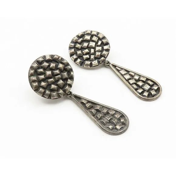 MEXICO 925 Sterling Silver Vintage Oxidized Linked Dangle Earrings EG5852